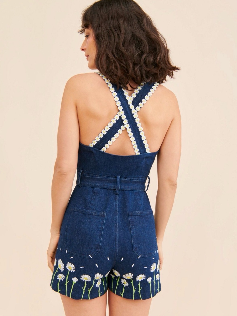 Rachel Antonoff Blue Denim Daisy Embroidered Women’s Romper - Picture 2 of 2